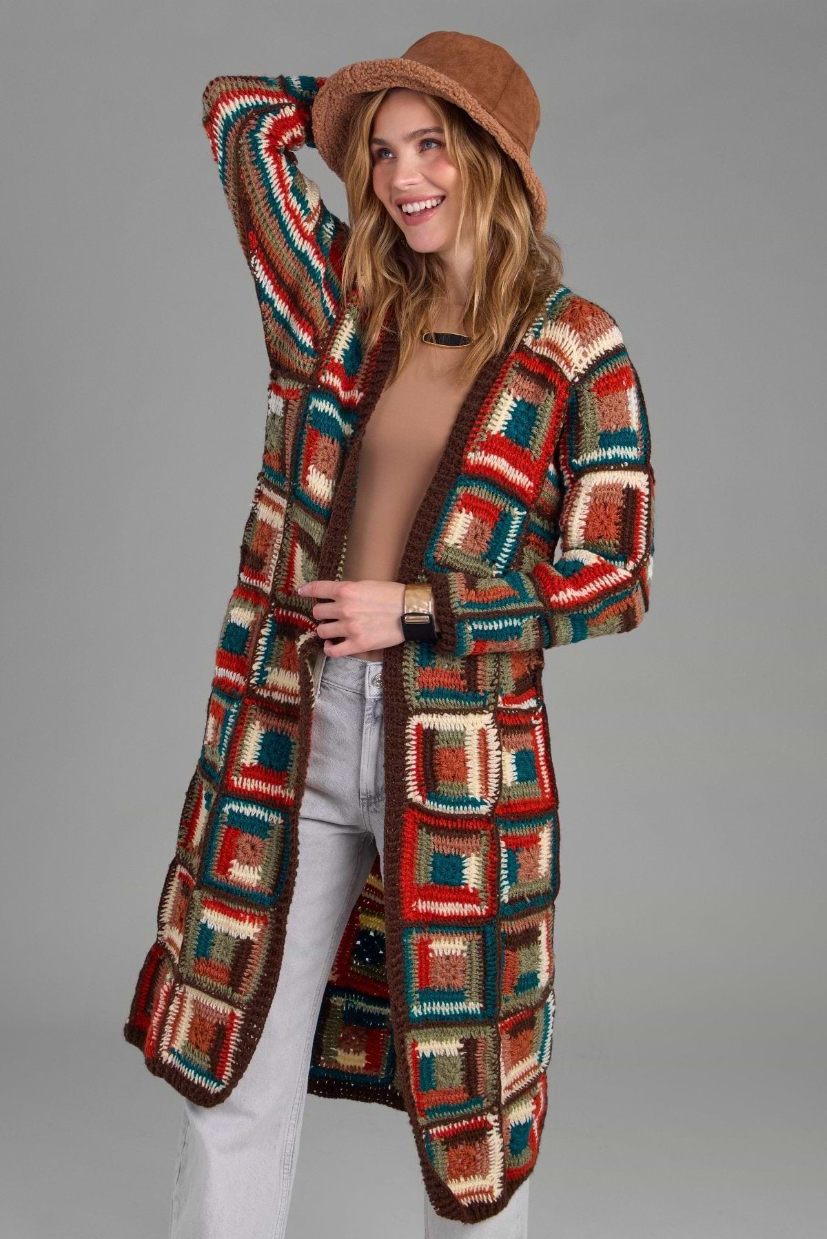 Crochet Long Cardigan Marrakesh Jacket - Brown
