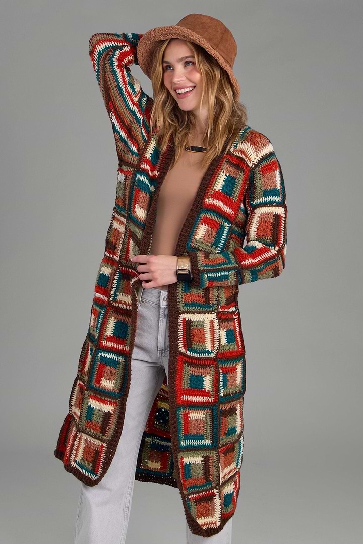 Crochet Long Cardigan Marrakesh Jacket - Brown
