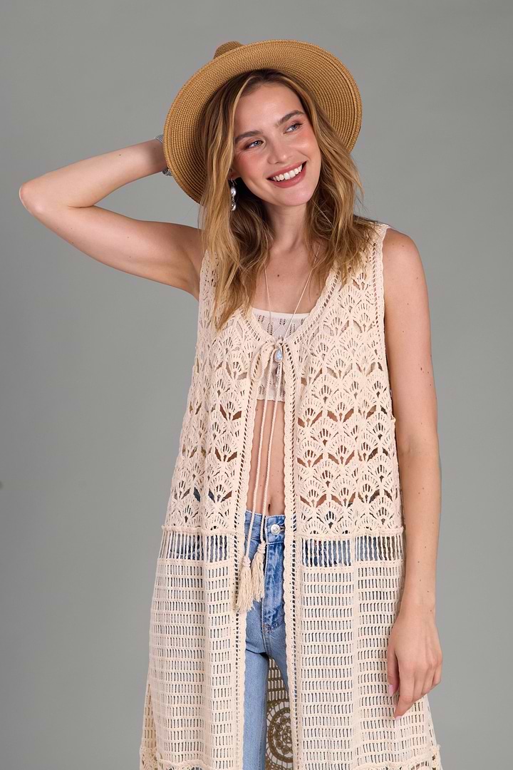 Crochet Tie Front Long Kimono - Ivory