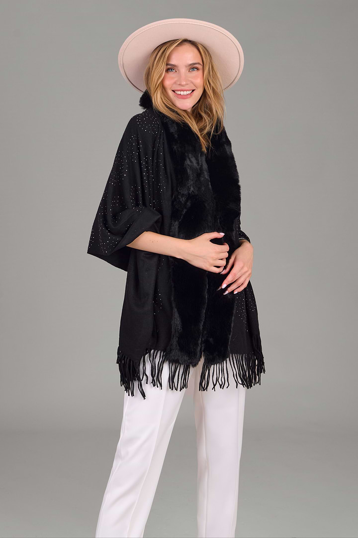 Faux Fur Crystal Scarf - Black