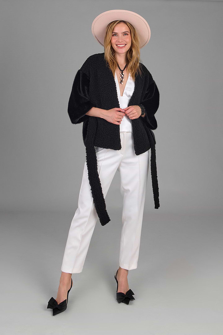 Fur Tie Front Short Kimono - Black