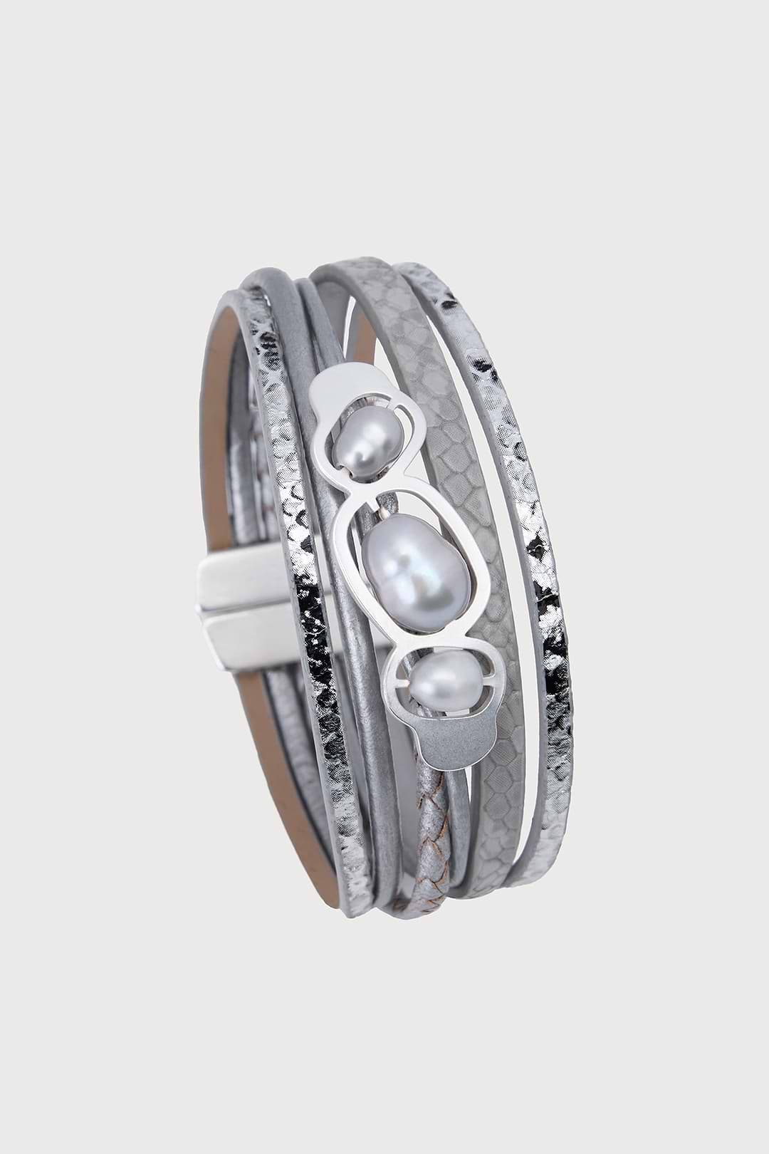 Multi Pearl Leather Bracelet - Silver