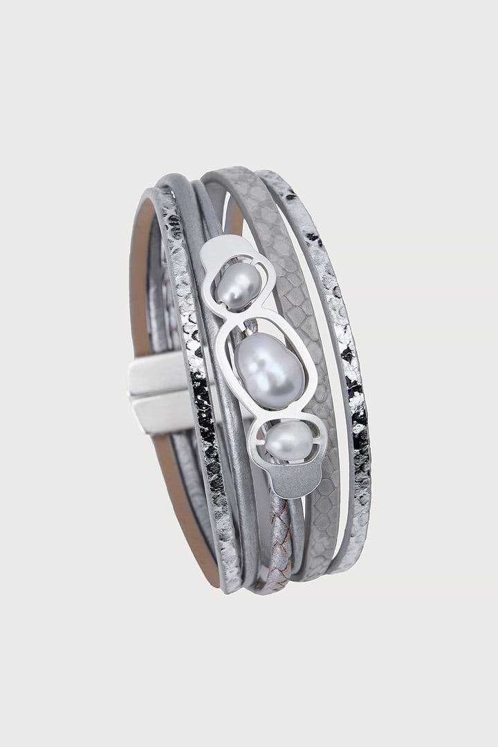 Multi Pearl Leather Bracelet - Silver
