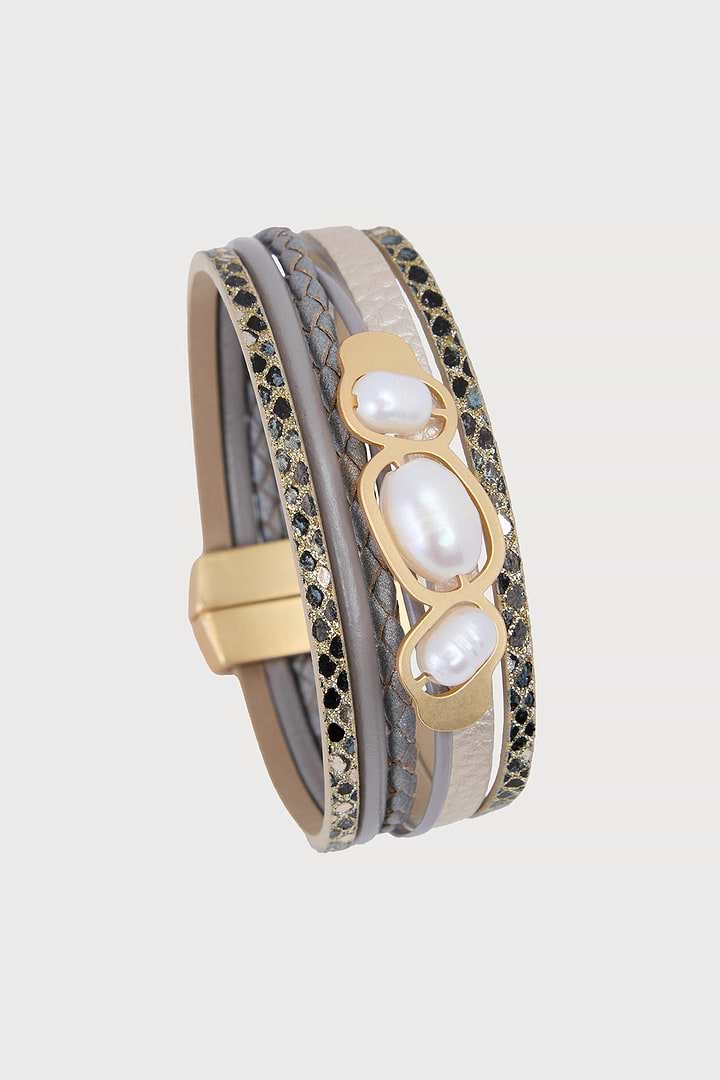 Multi Pearl Leather Bracelet - Brown