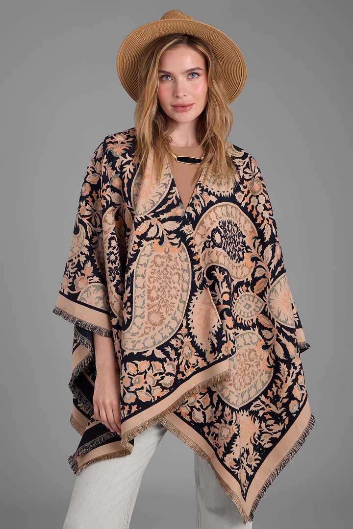 Paisley Reversible Ruana - Beige