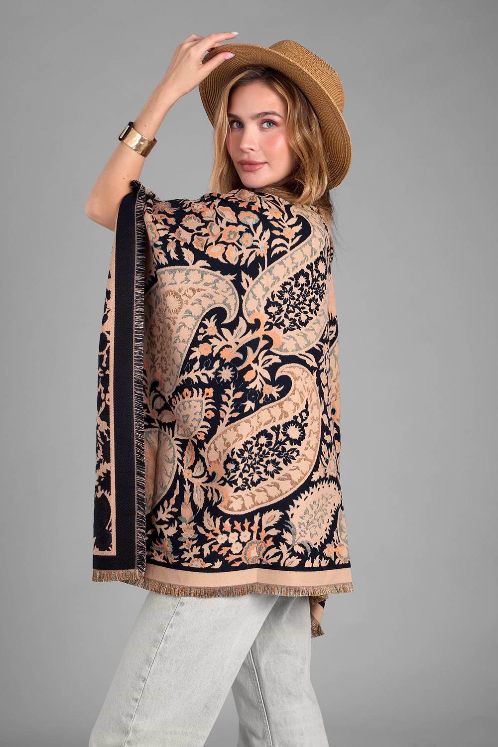 Paisley Reversible Ruana - Beige