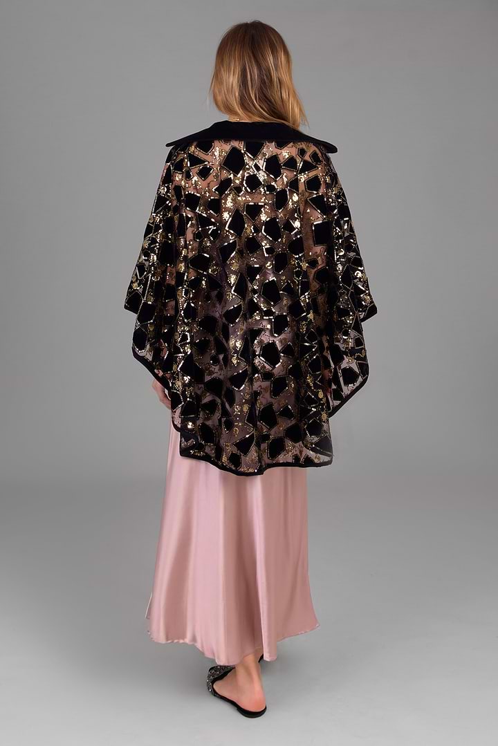 Velvet Sequin Collared Capelet - Black