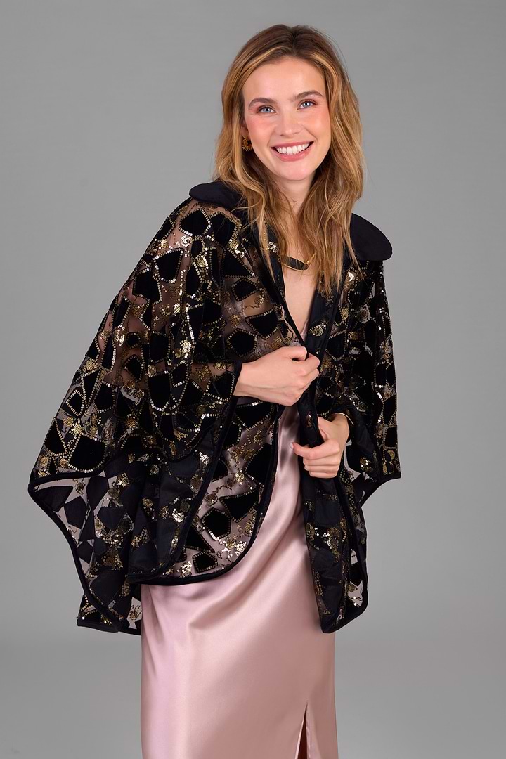 Velvet Sequin Collared Capelet - Black