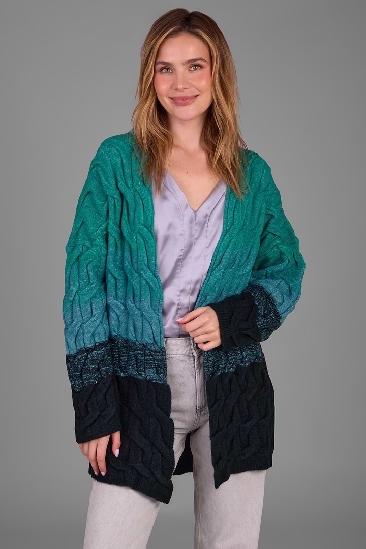 Cable Knit Color Block Cardigan - Medium Turquoise