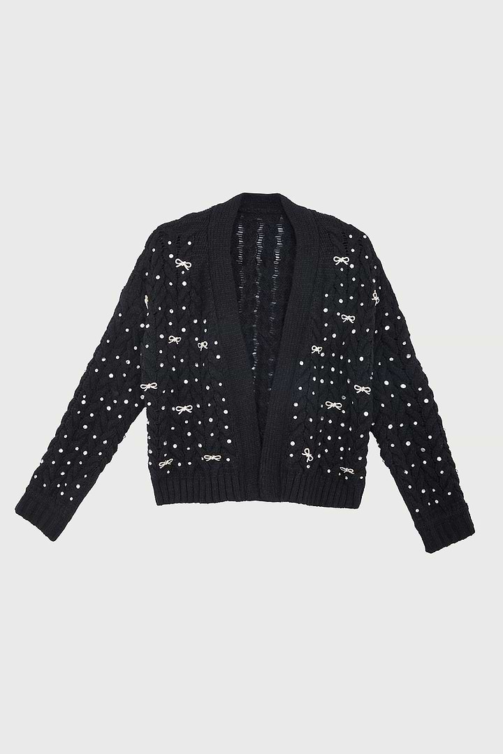 Bow Jeweled Cardigan - Black