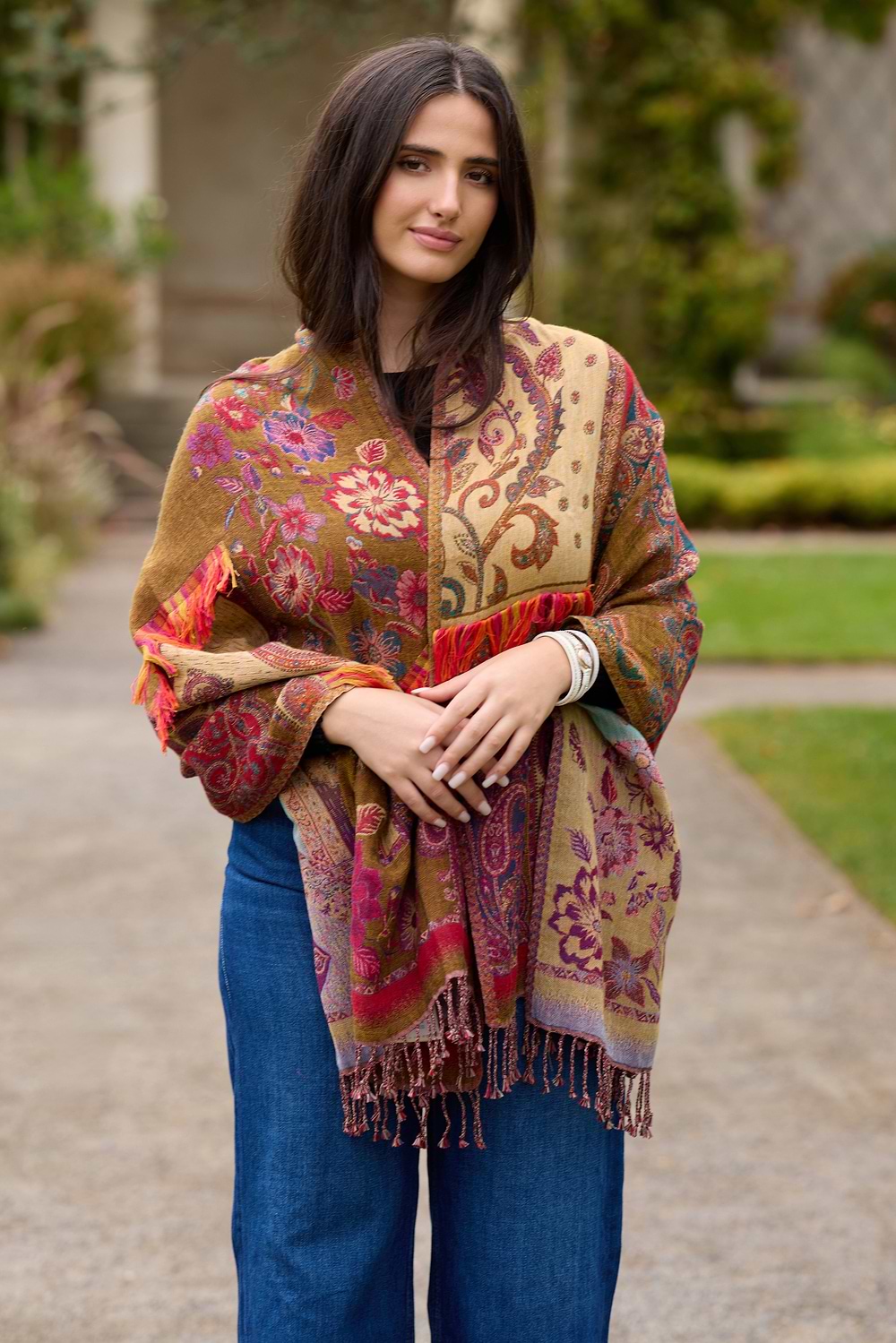Floral Paisley Fringed Scarf - Light Brown