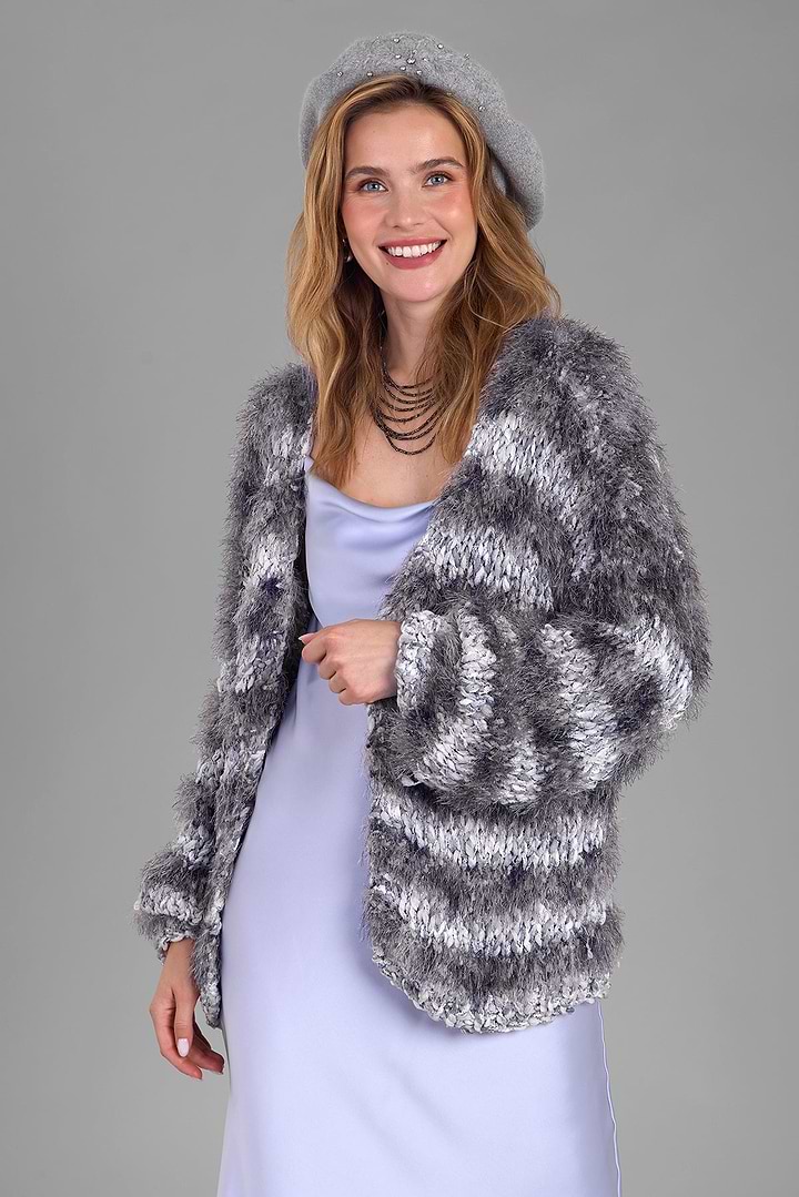 Eyelash Hand Knit Cardigan - Light Slate Blue Gray