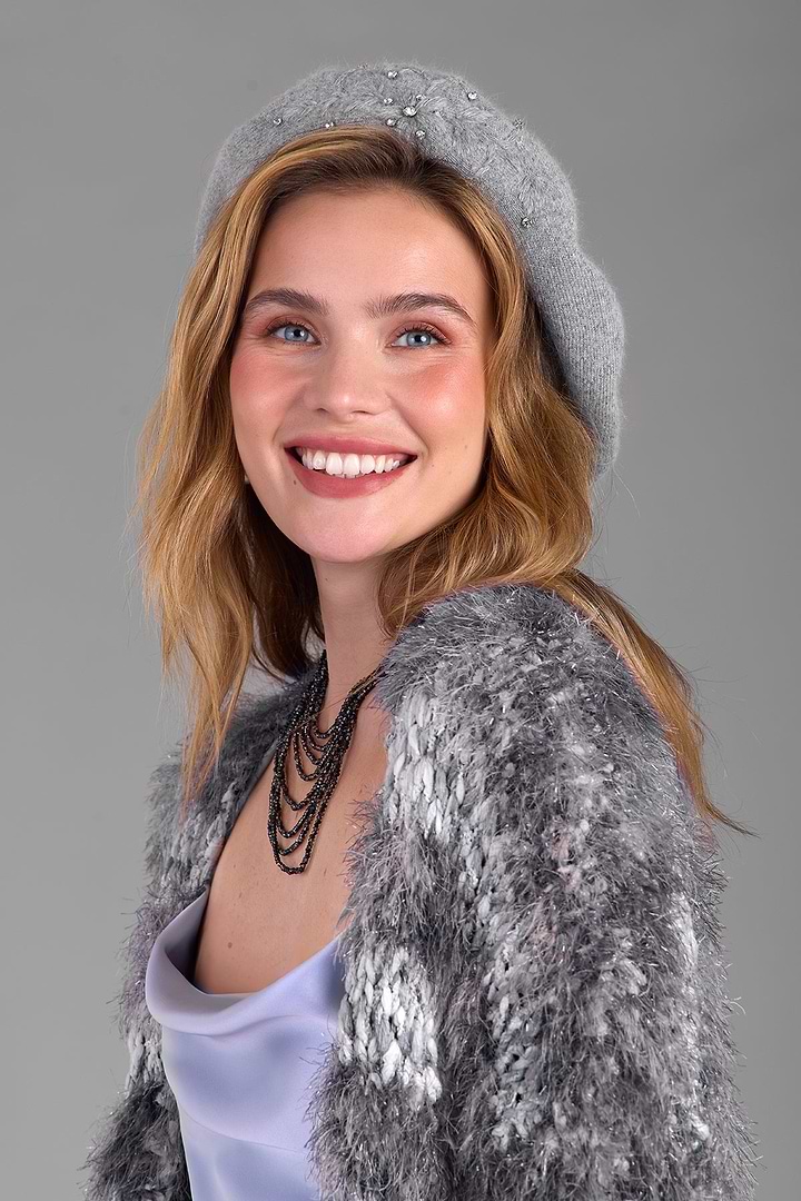 Crystal Embellished Floral Beret - Dark Gray