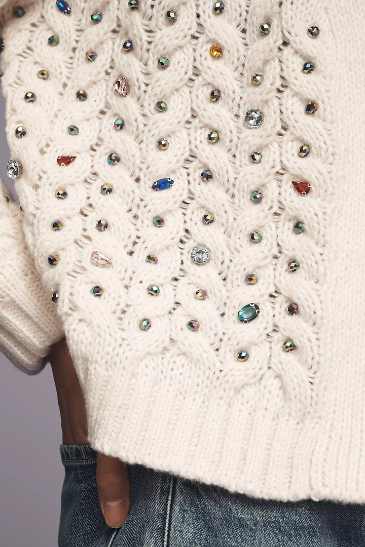Cable Knit Cardigan Gemstone Pattern - Ivory
