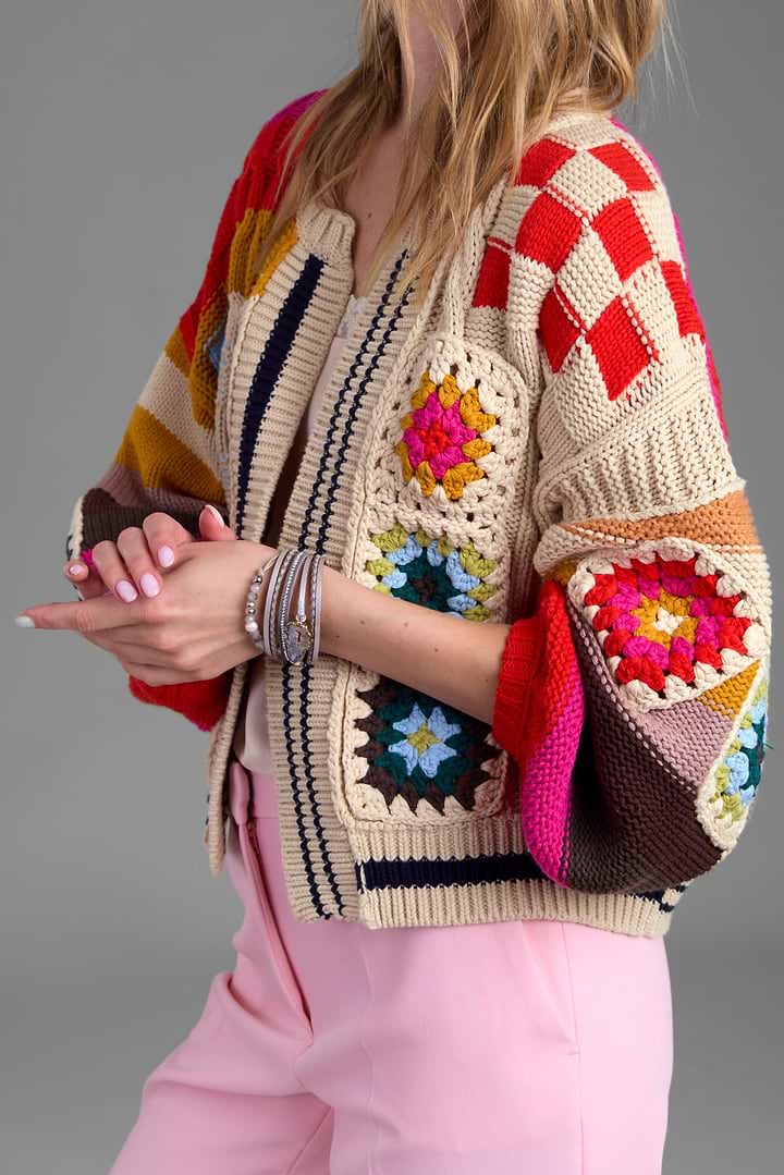 Square Checkered Multi Pattern Cardigan - Multi