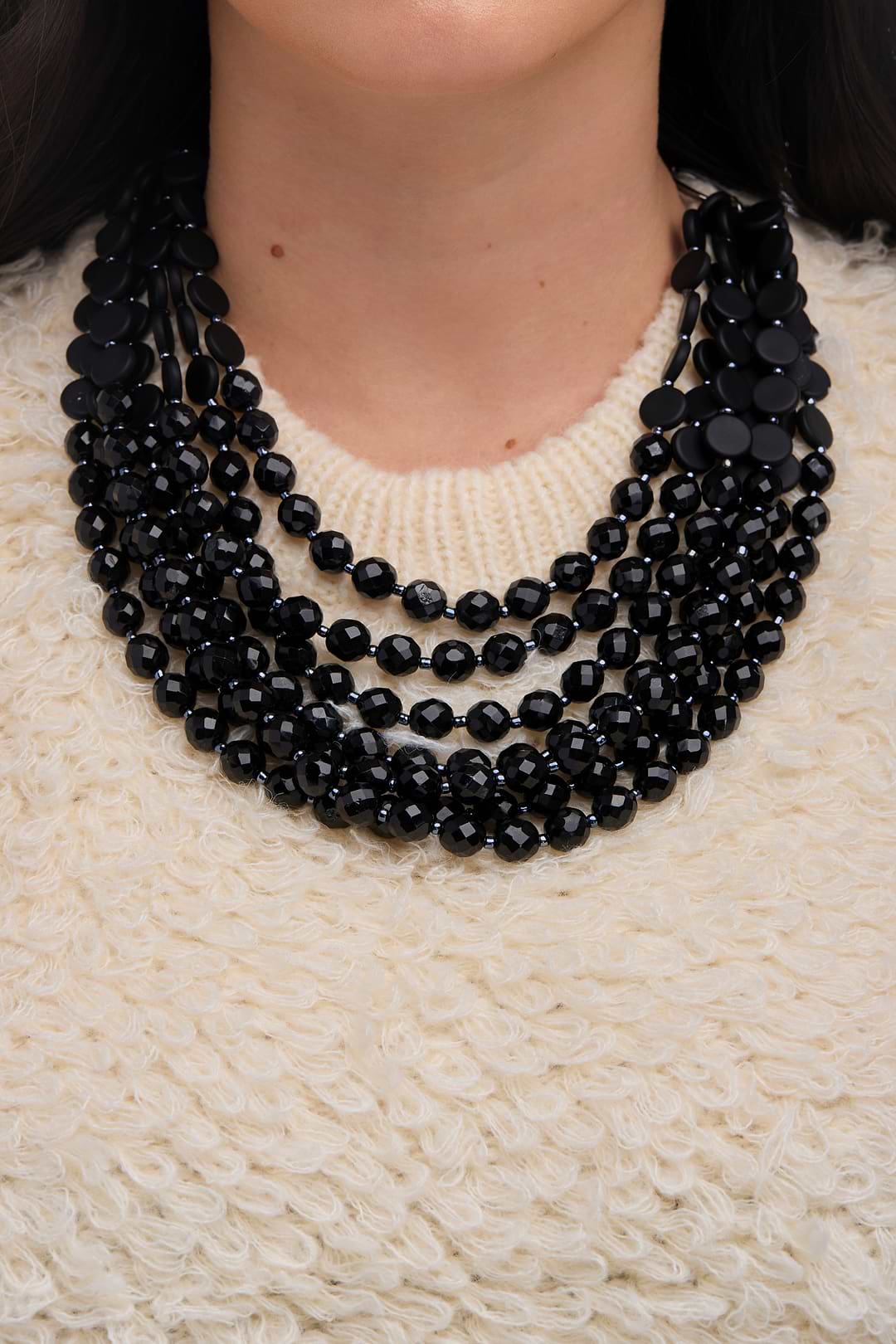 Beaded Multi Strand Chunky Necklace - Black