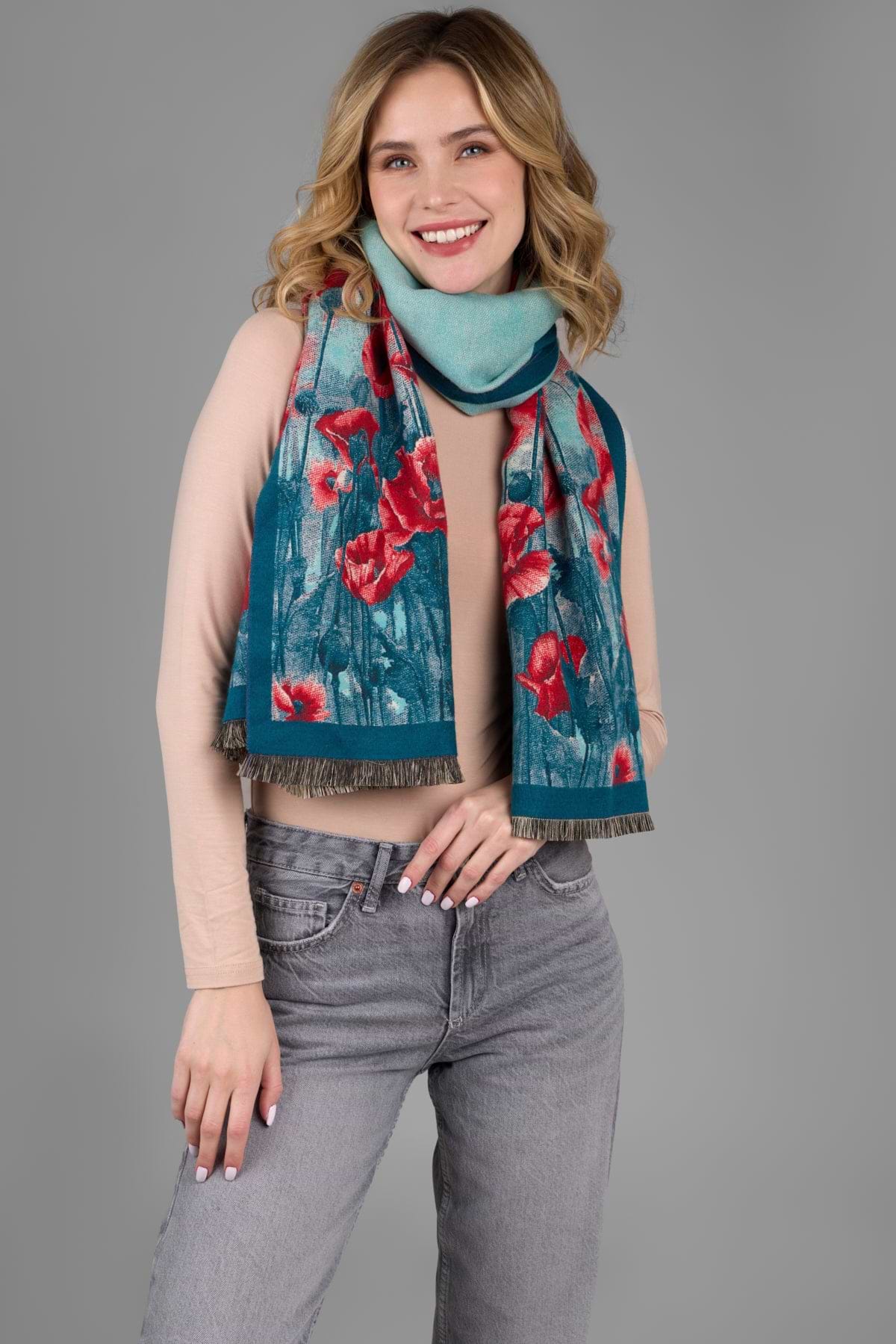 Poppy Bold Reversible Scarf - Turquoise