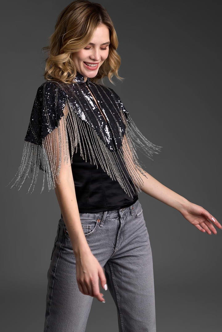Beaded Fringe Sequin Capelet - Gunmetal