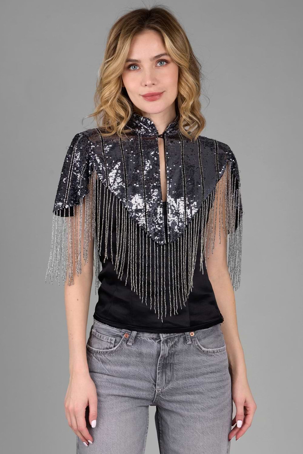Beaded Fringe Sequin Capelet - Gunmetal