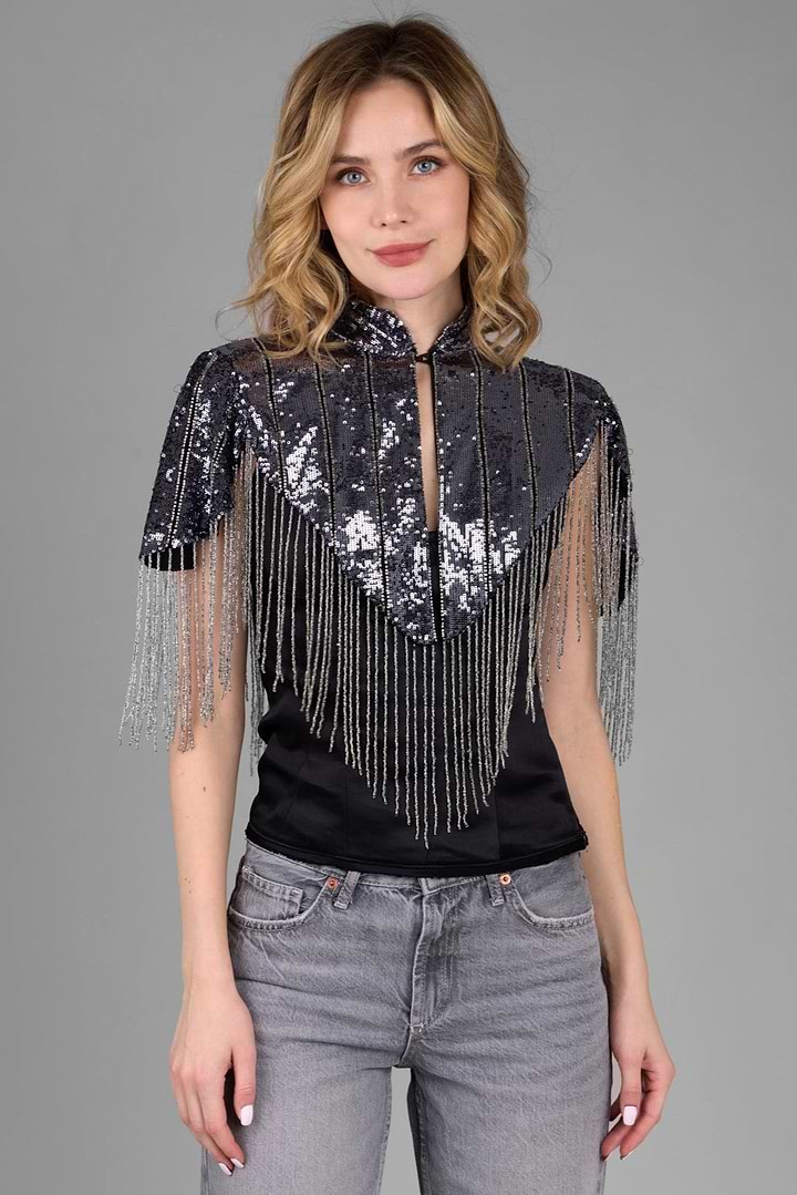 Beaded Fringe Sequin Capelet - Gunmetal