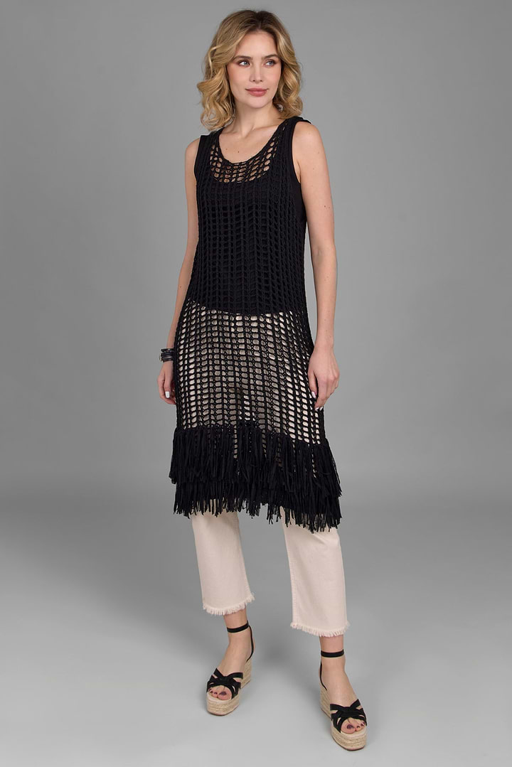 Open Knit Fringe Cover Up Black