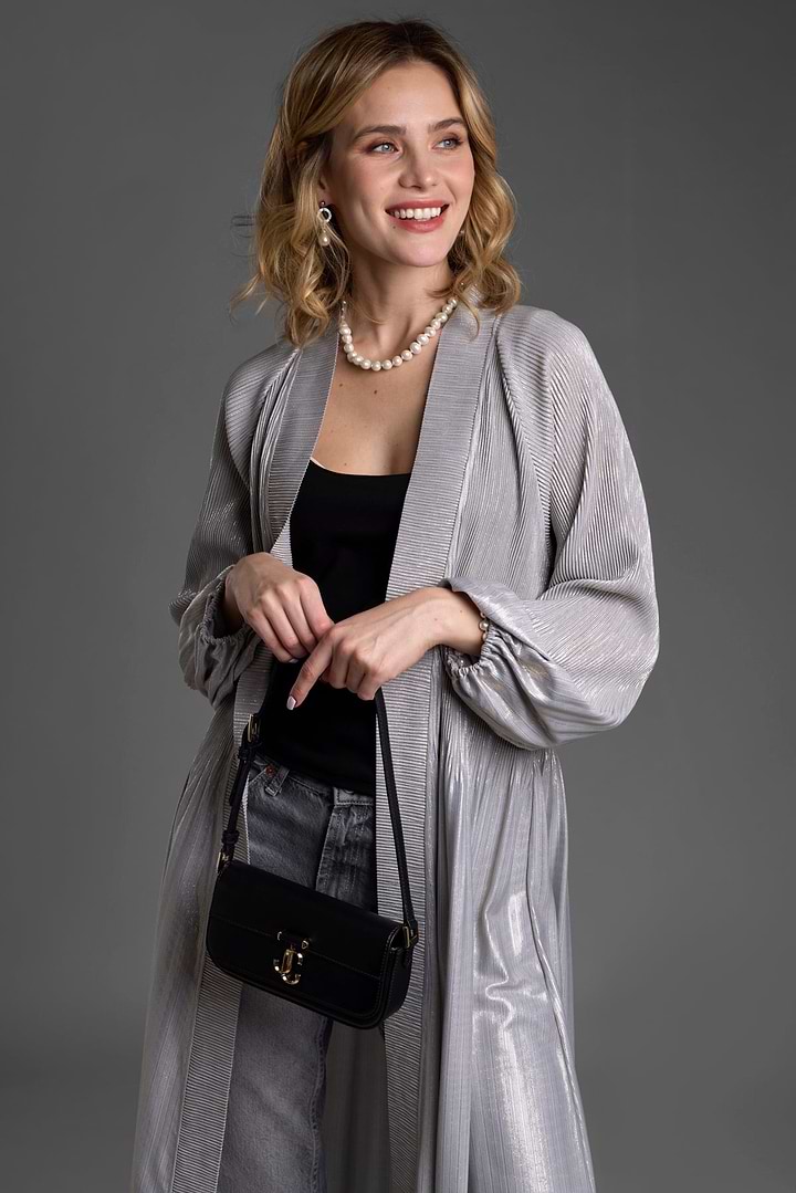 Metallic Pleated Duster - Grey