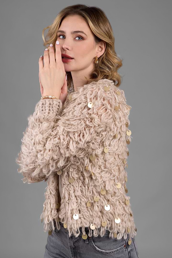 Sequined Loop Knit Cardigan - Ivory