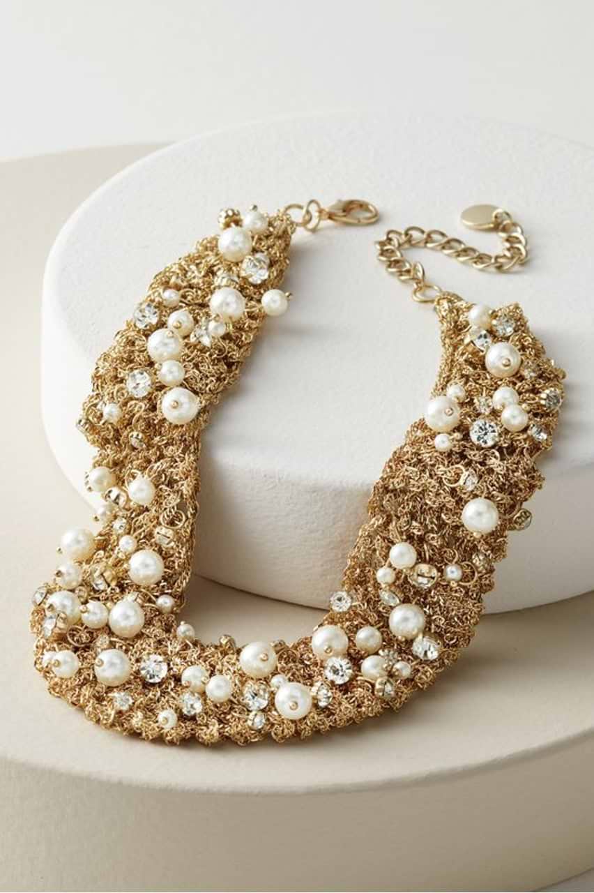Gold Crochet Necklace with Pearls - Gold