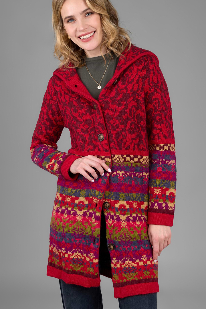 Fair Isle Nordic Long Cardigan - Red Multi