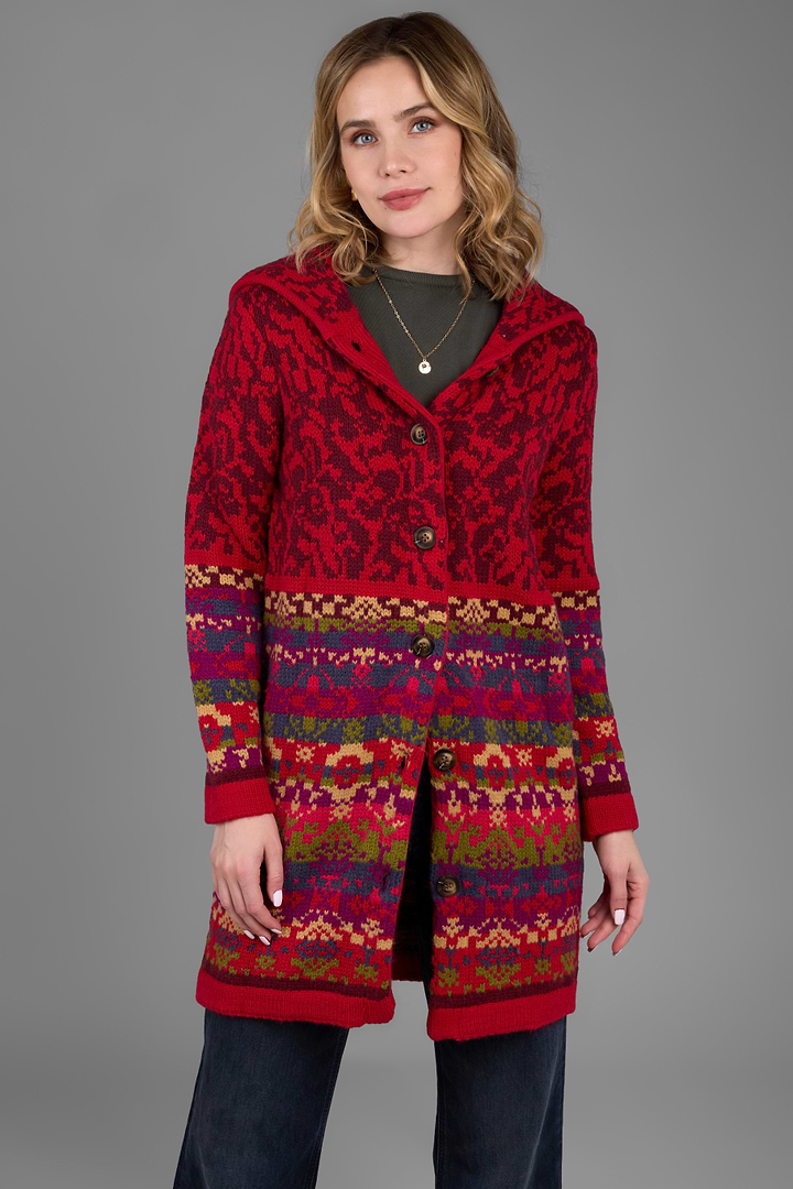 Fair Isle Nordic Long Cardigan - Red Multi