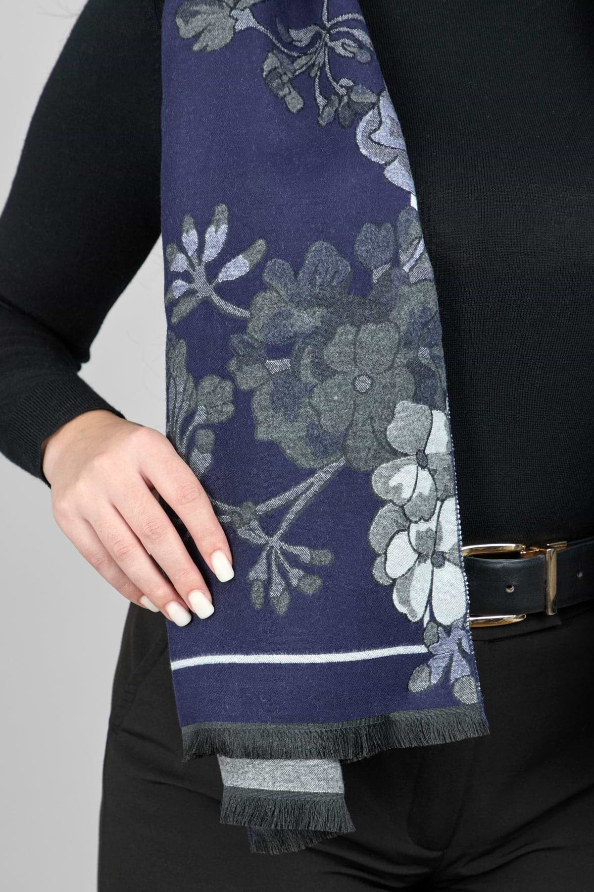 Reversible Floral Scarf For Winter - Navy