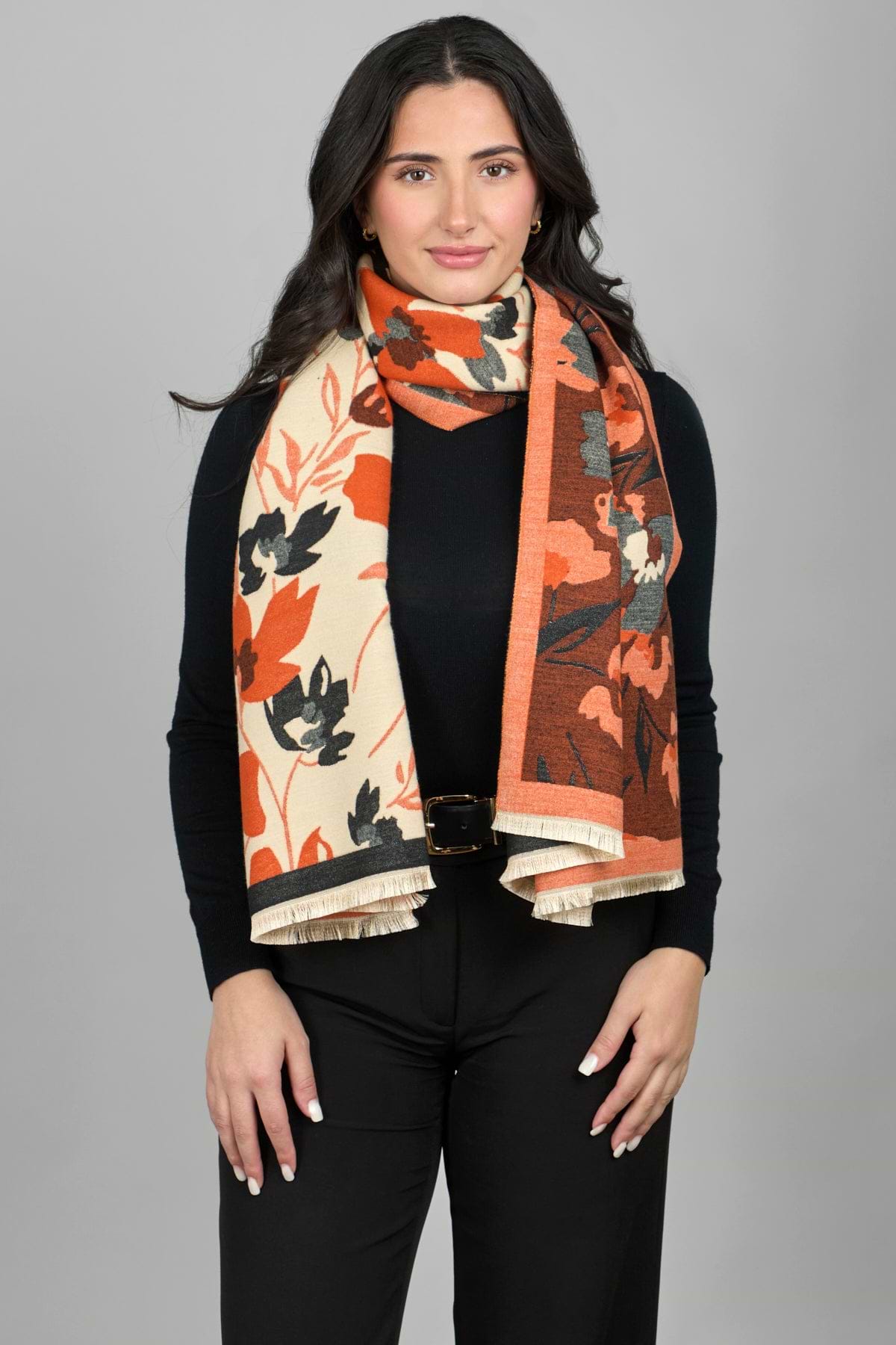 Floral Reversible Fringed Trim Scarf For Fall - Orange