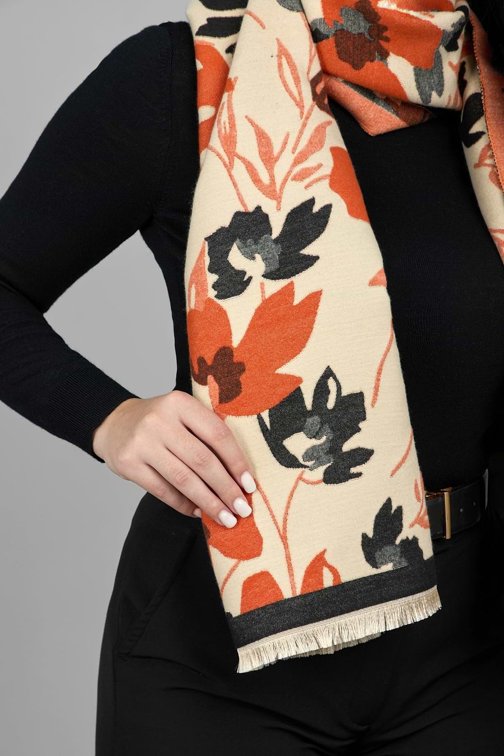 Floral Reversible Fringed Trim Scarf For Fall - Orange
