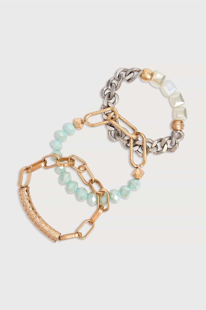 Metallic Beaded Chain Trio Bracelet - Turquoise