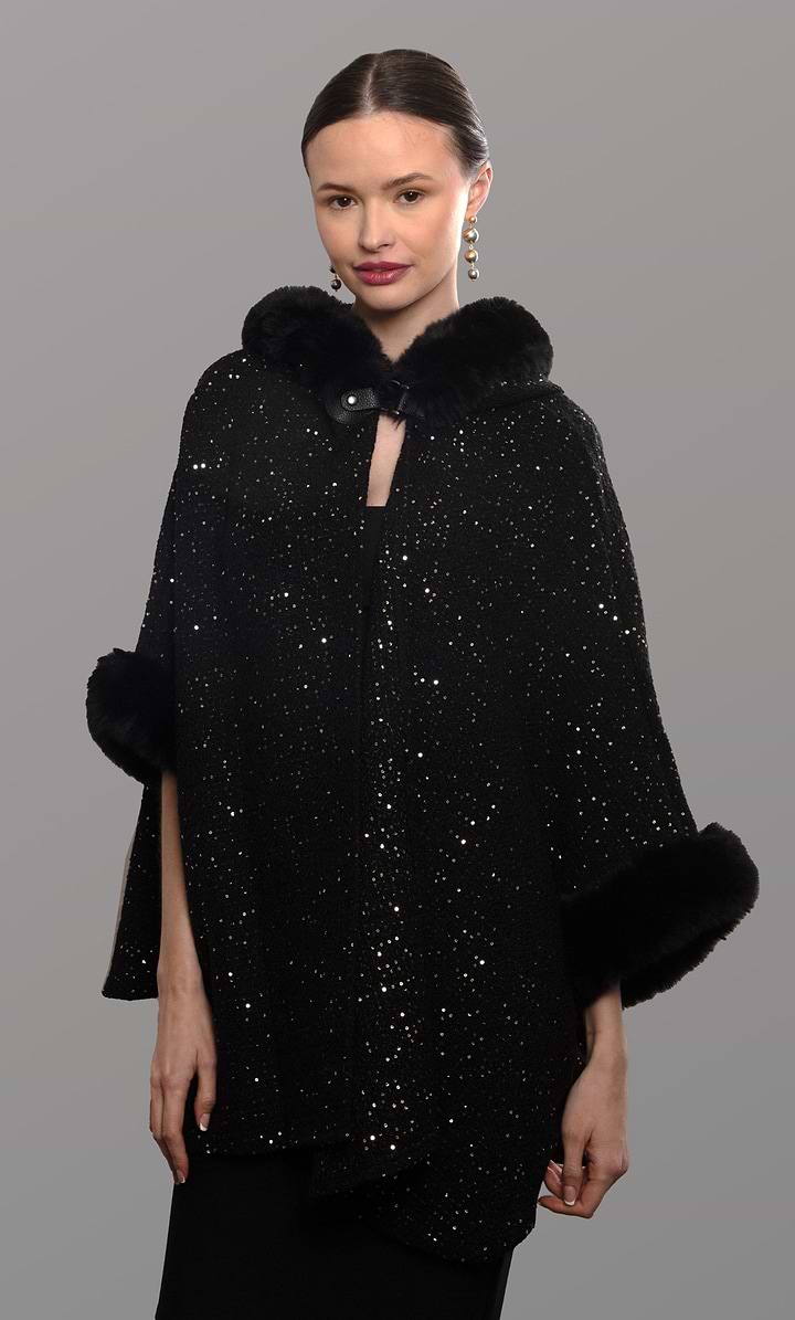 Sequin Kimono Faux Fur Hood - Black