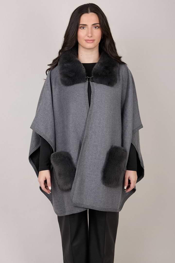 Faux Fur Pocket Kimono - Dark Gray