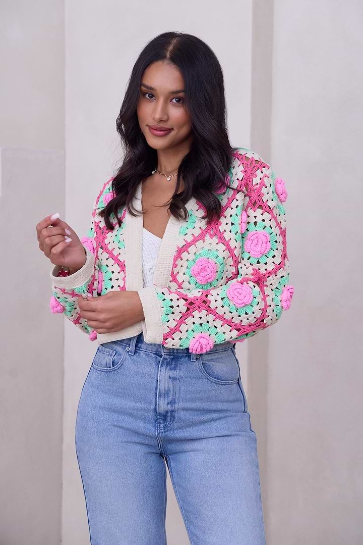 Rosette Crochet Cardigan - Pink