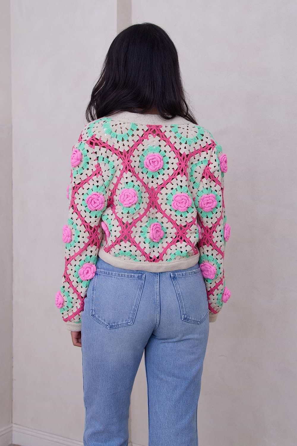 Rosette Crochet Cardigan - Pink