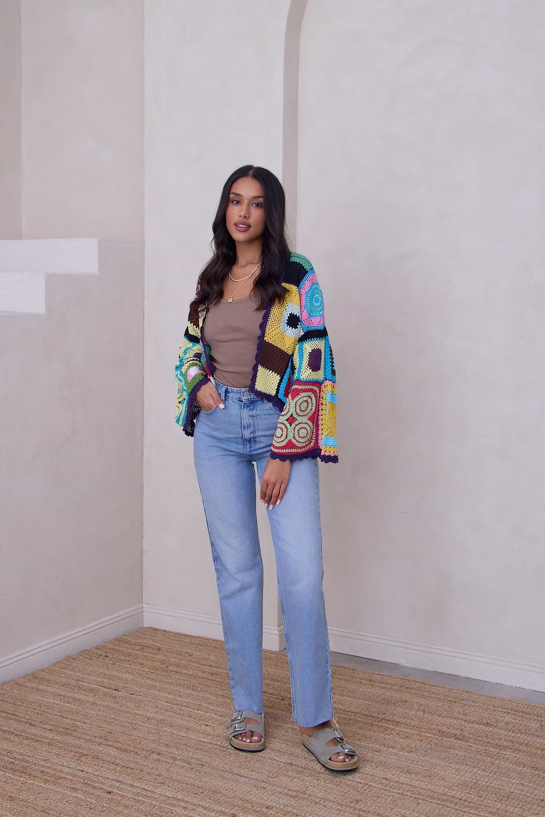 Multicolored Crochet Cardigan Cotton Jacket - Dark Multi