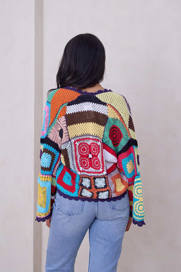 Multicolored Crochet Cardigan Cotton Jacket - Dark Multi