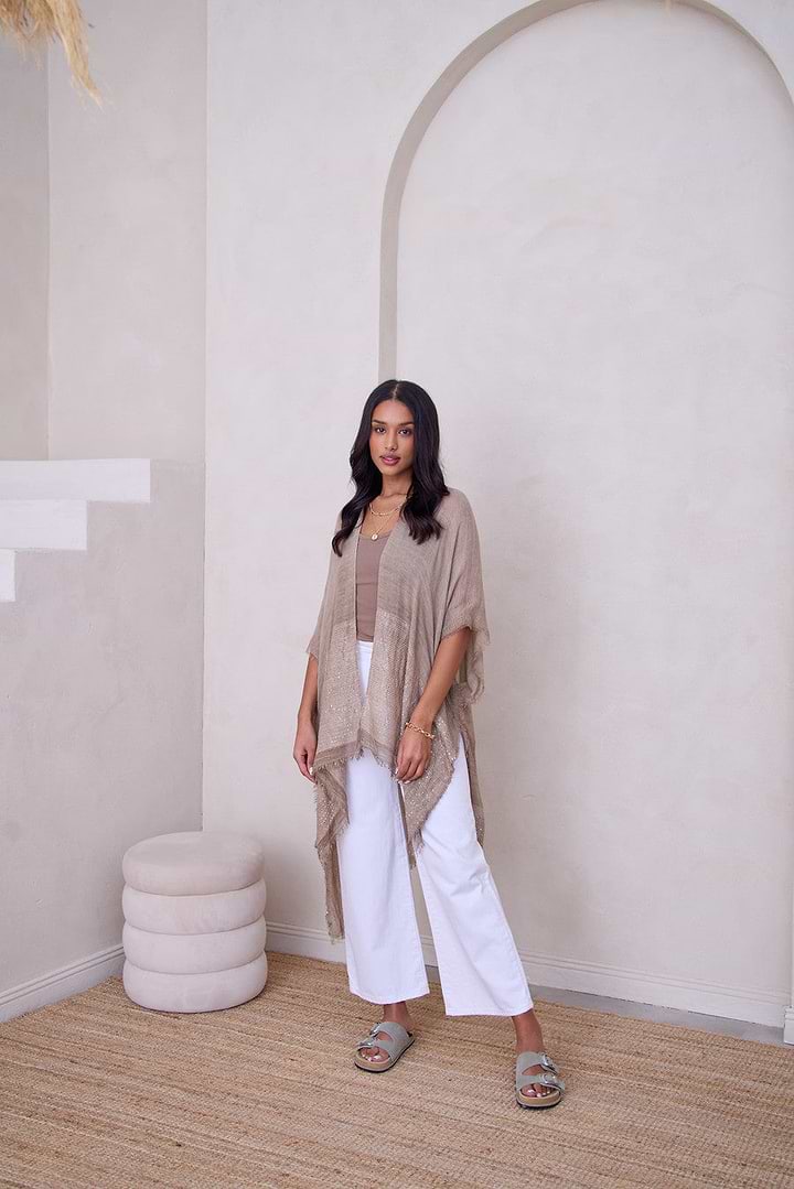 Fringed Sequin Kimono - Taupe