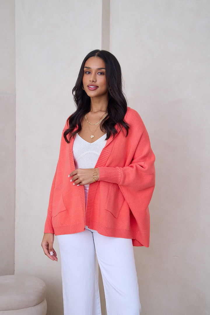 Open Front Oversized Cardigan Sweater - Coral