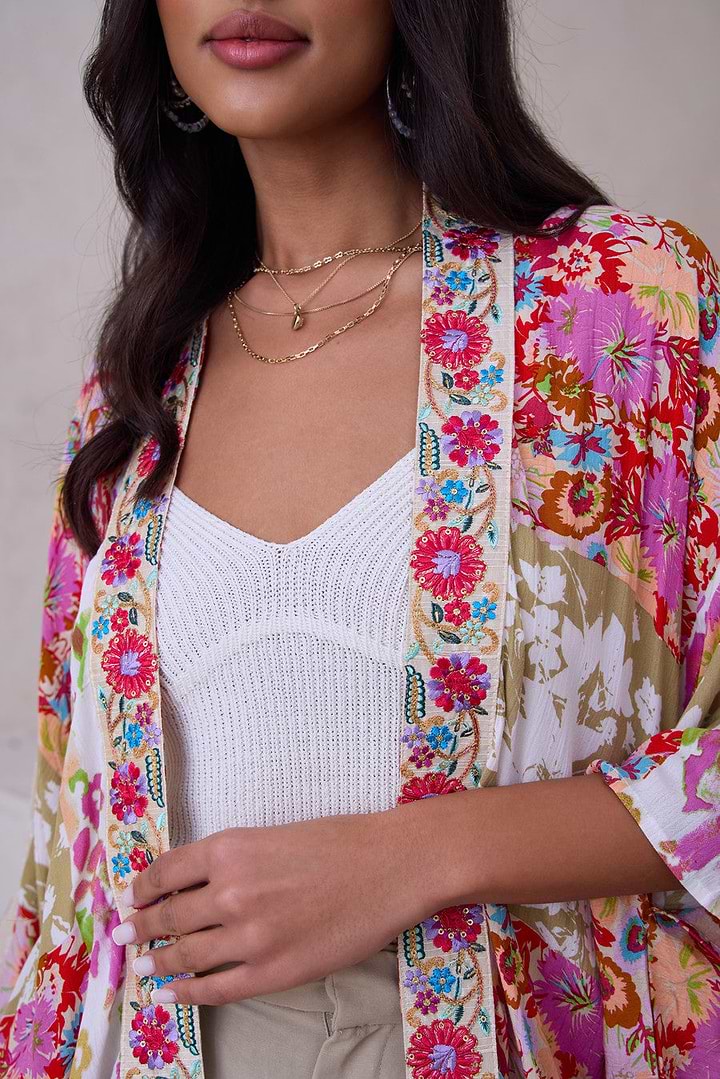 Lace Embroidered Floral Kimono - Pink