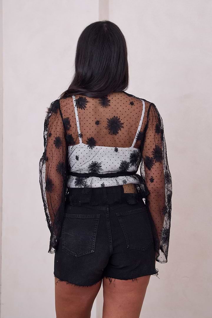 Floral Mesh Tie Top - Black
