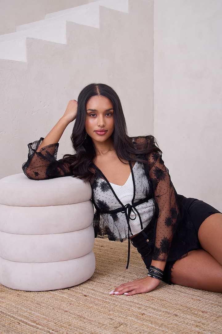 Floral Mesh Tie Top - Black