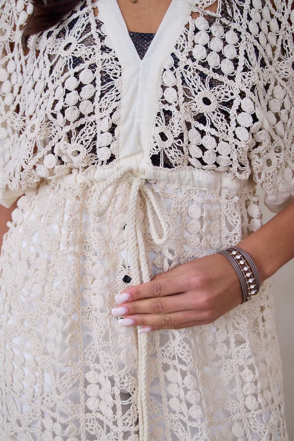 V-Neck Tie-Front Crochet Cover Up - Ivory