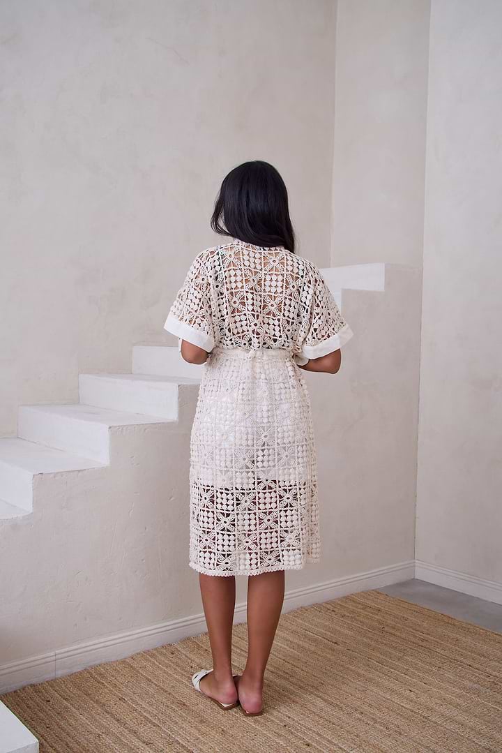 V-Neck Tie-Front Crochet Cover Up - Ivory