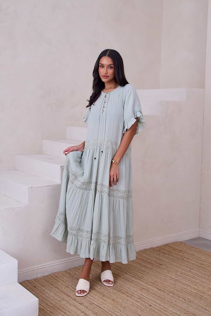 Cotton Long Kaftan Dress - Sage