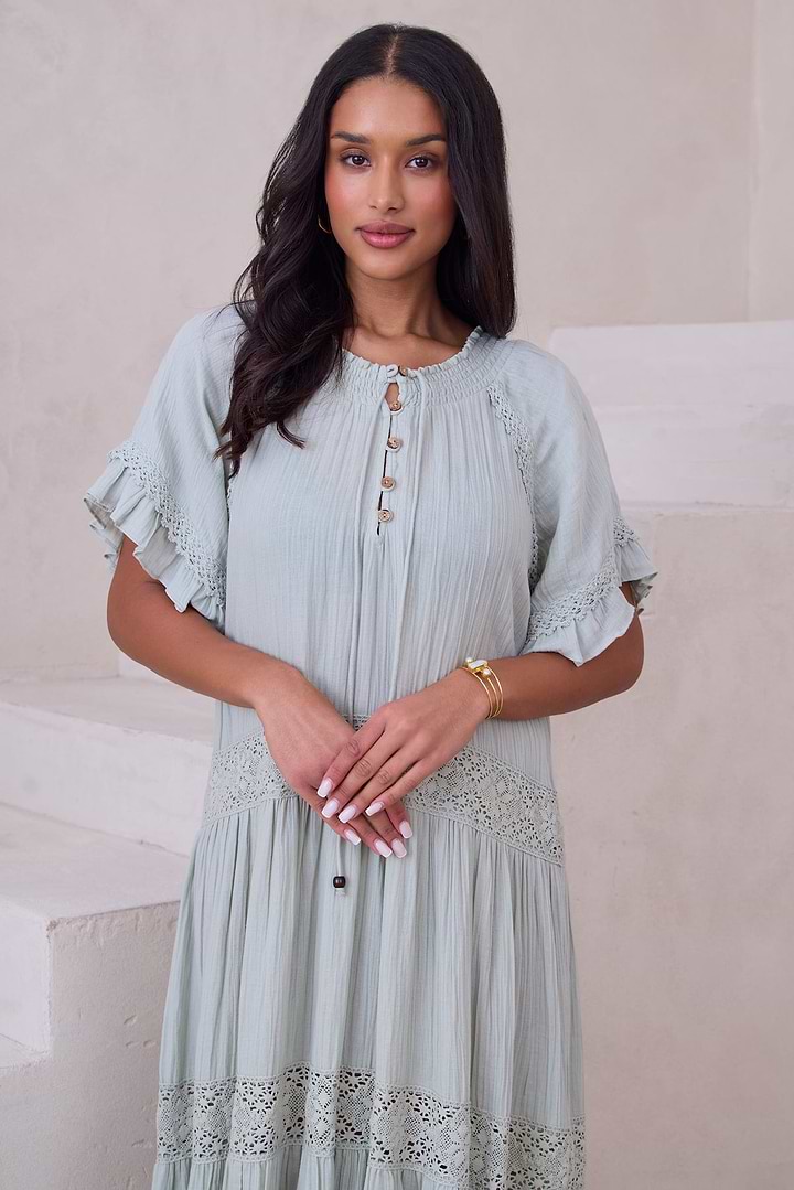 Cotton Long Kaftan Dress - Sage