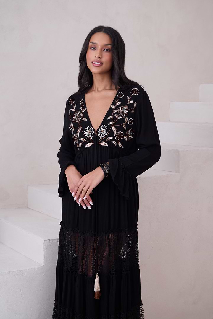 Floral Lace Tiered Kaftan - Black